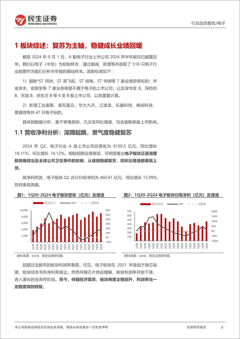 《民生证券-电子行业2024Q2业绩综述_复苏成长双主线》 - 第3页预览图