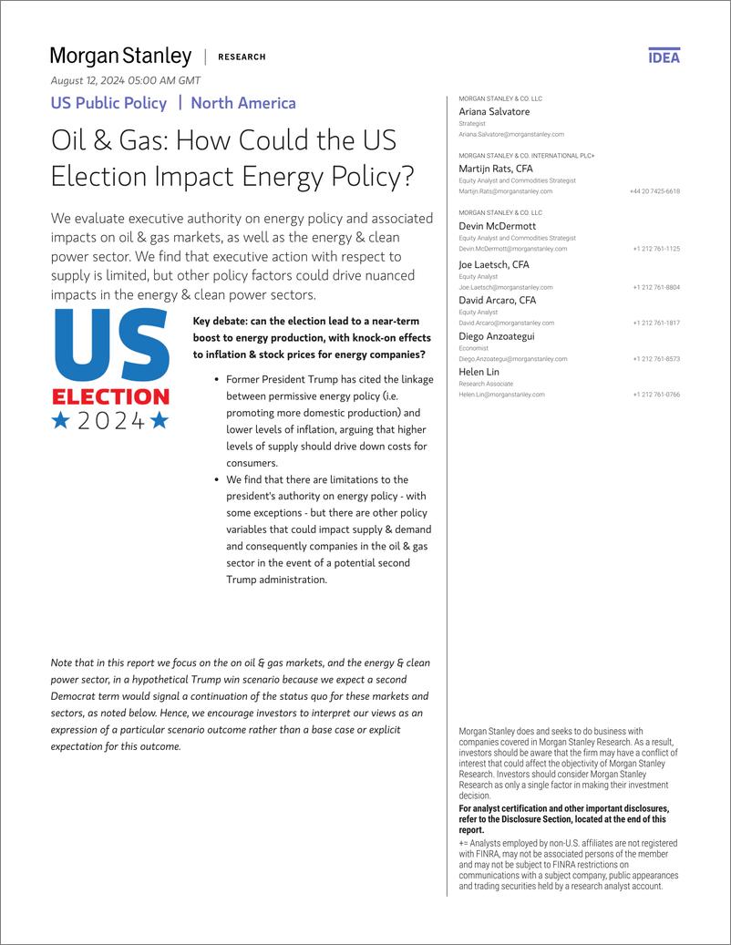 《Morgan Stanley Fixed-US Public Policy Oil  Gas How Could the US Election Impac...-109806572》 - 第1页预览图