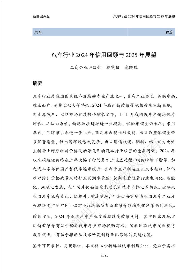 《新世纪资信评估-汽车行业2024年信用回顾与2025年展望》 - 第1页预览图