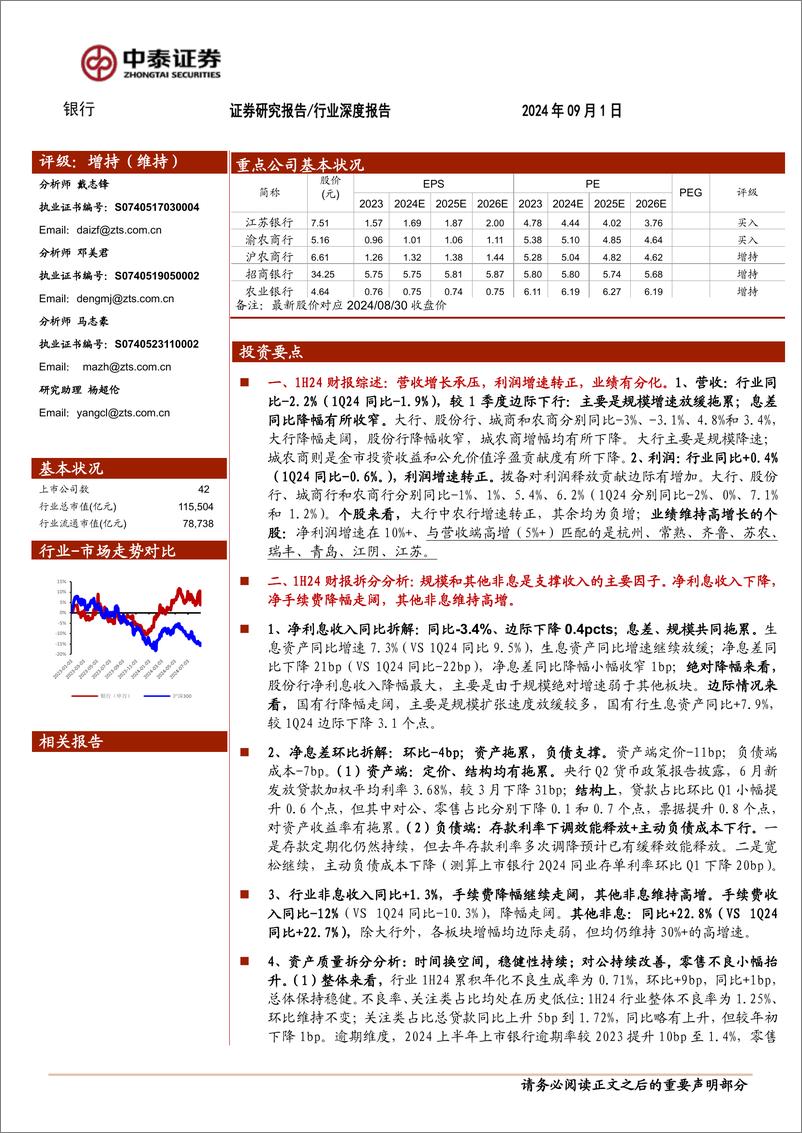 《银行业深度综述与拆分-42家上市银行半年报：利润增速转正；息差同比降幅收敛、资产质量平稳-240901-中泰证券-58页》 - 第1页预览图