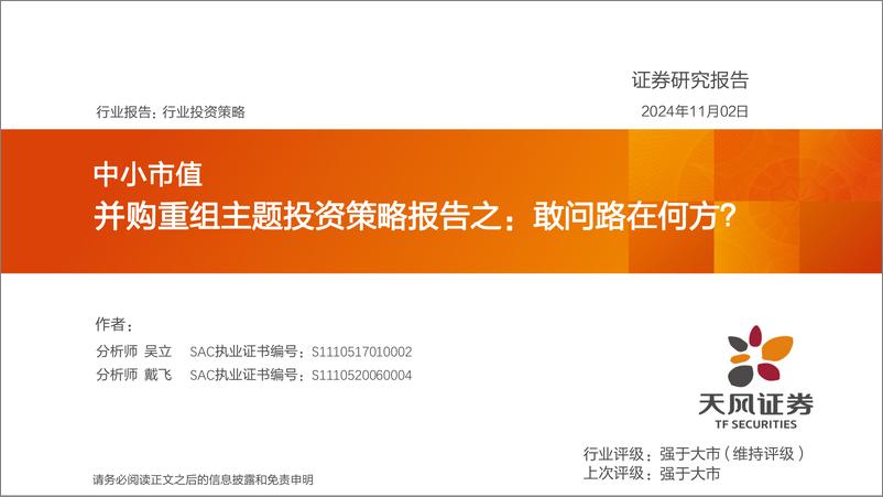 《中小市值并购重组主题投资策略报告之：敢问路在何方？-241102-天风证券-28页》 - 第1页预览图