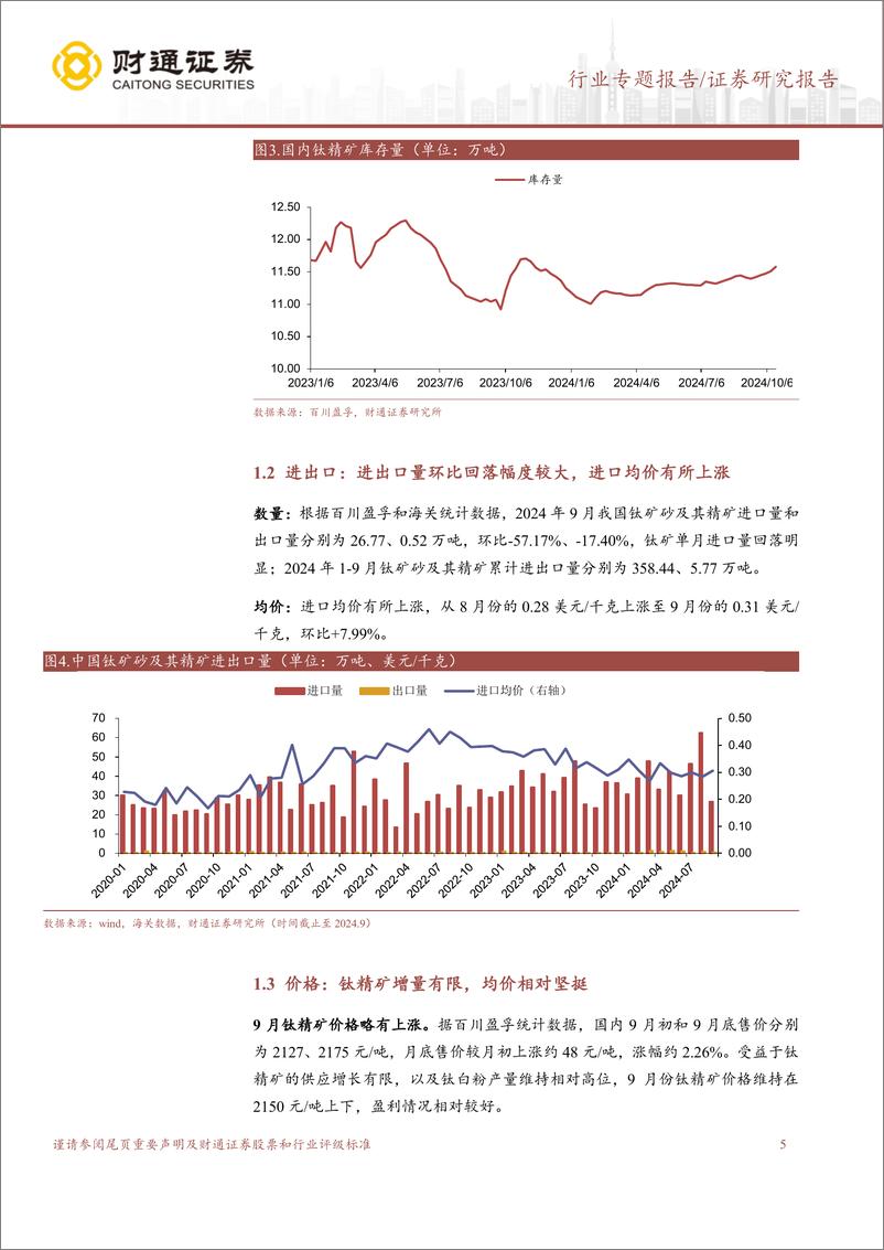 《基础化工行业：9月钛矿维持高价，钛白粉价差改善-241024-财通证券-13页》 - 第5页预览图