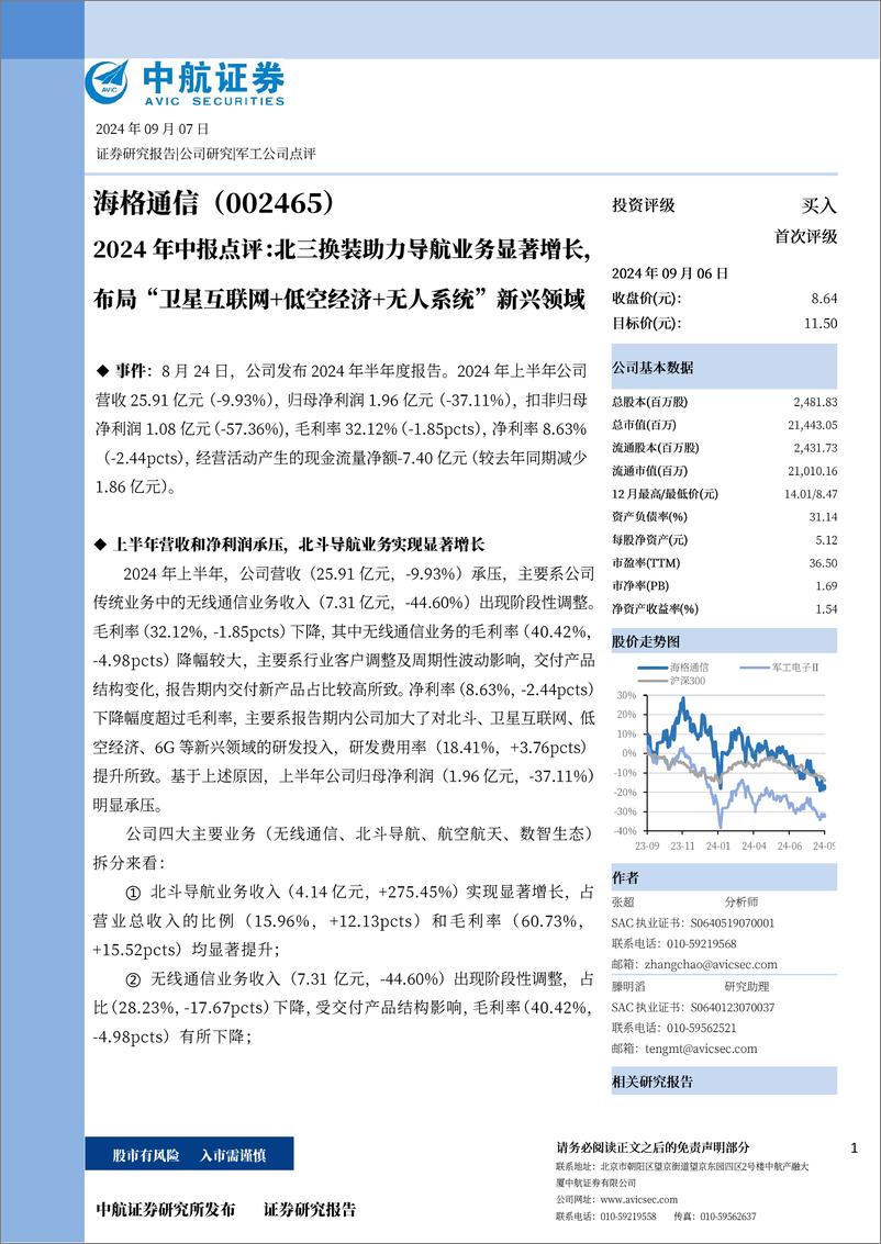 《海格通信(002465)2024年中报点评：北三换装助力导航业务显著增长，布局“卫星互联网%2b低空经济%2b无人系统”新兴领域-240907-中航证券-11页》 - 第1页预览图