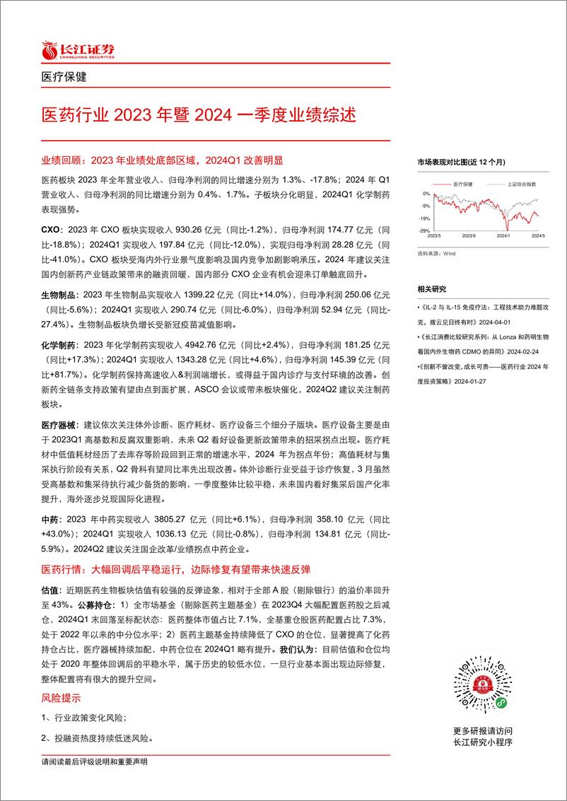 《医药行业2023年暨2024一季度业绩综述-240526-长江证券-11页》 - 第2页预览图