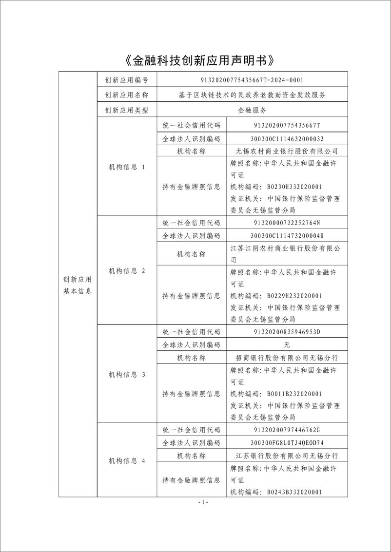 《金融科技创新应用声明书_基于区块链技术的民政养老救助资金发放服务》 - 第1页预览图