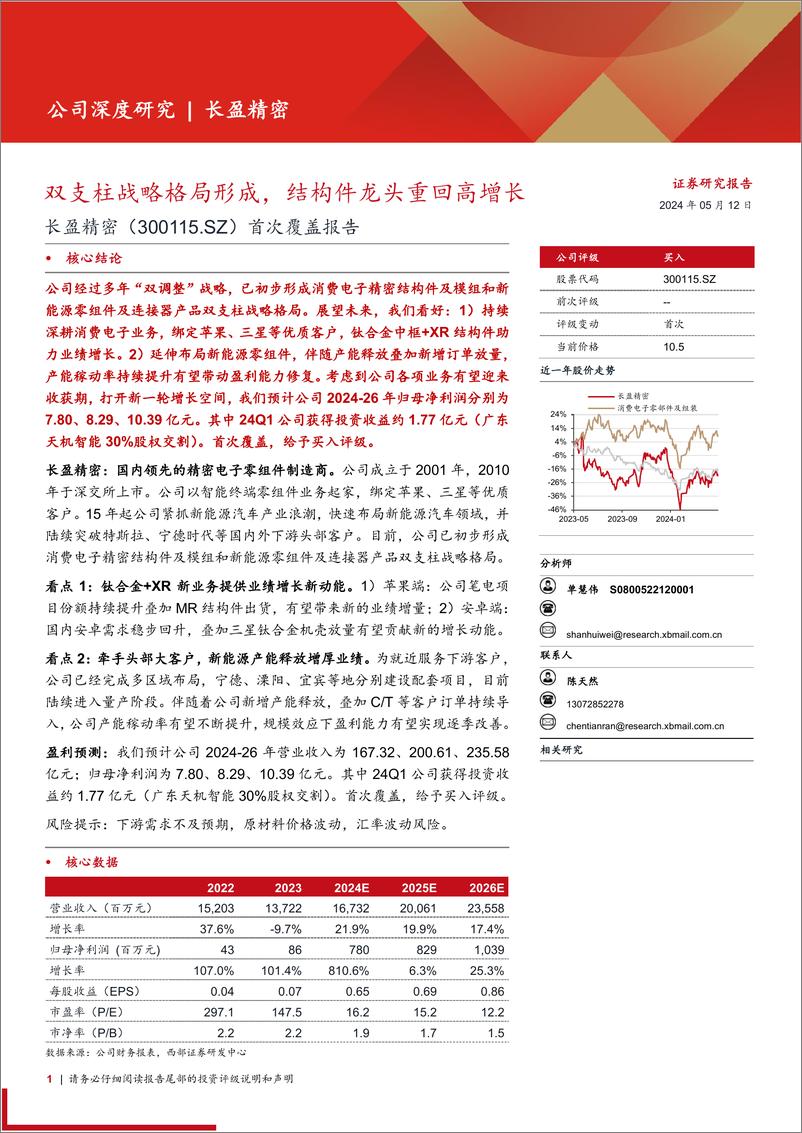 《长盈精密(300115)首次覆盖报告：双支柱战略格局形成，结构件龙头重回高增长-240512-西部证券-24页》 - 第1页预览图