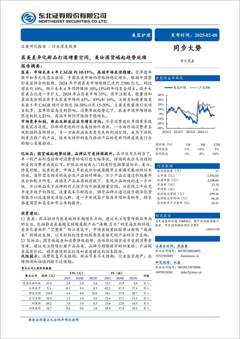 《美容护理行业深度报告：医美差异化新品打造增量空间，美妆国货崛起趋势延续-250208-东北证券-27页》 - 第1页预览图