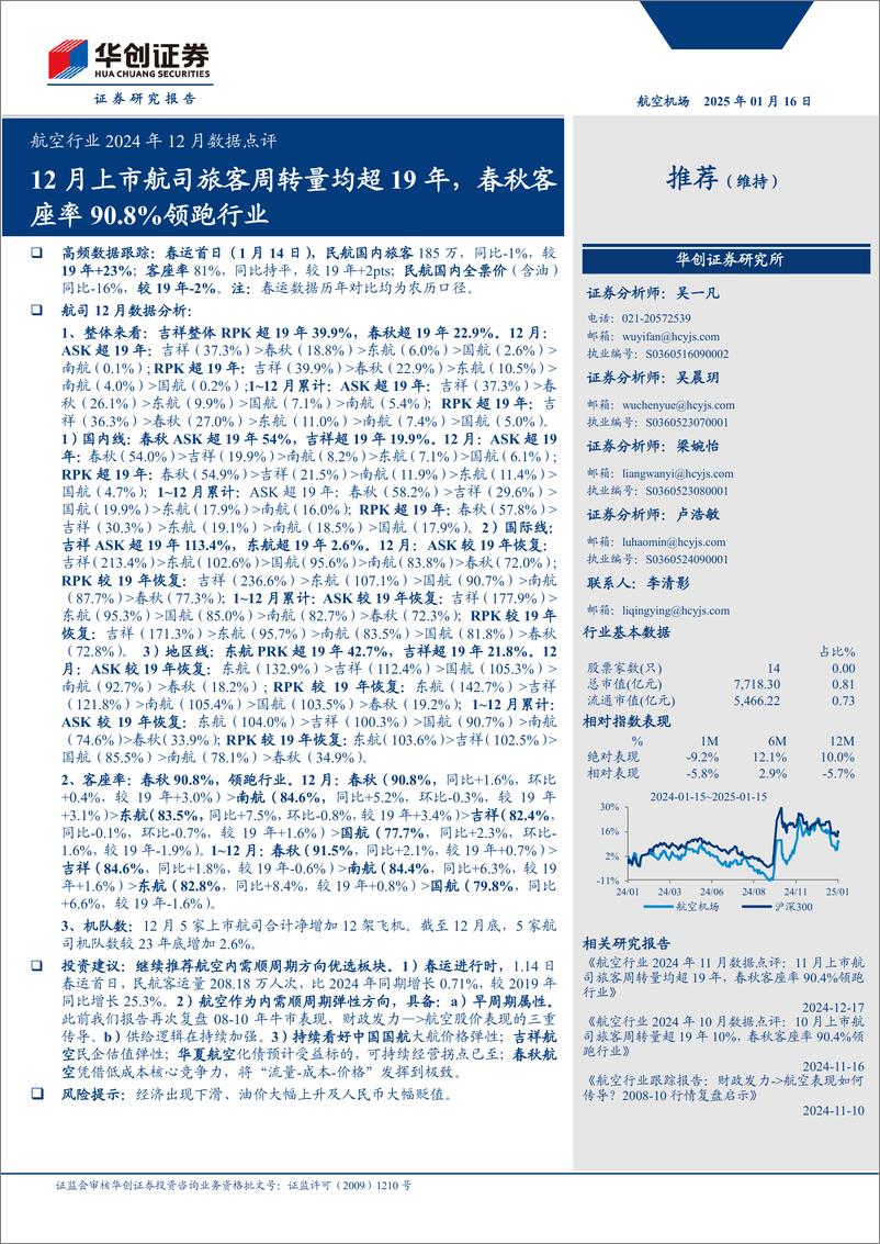 《航空行业2024年12月数据点评：12月上市航司旅客周转量均超19年，春秋客座率90.8%25领跑行业-250116-华创证券-12页》 - 第1页预览图