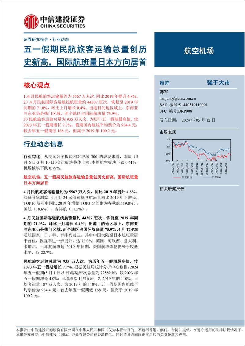 《航空机场行业动态：五一假期民航旅客运输总量创历史新高，国际航班量日本方向居首-240512-中信建投-24页》 - 第1页预览图