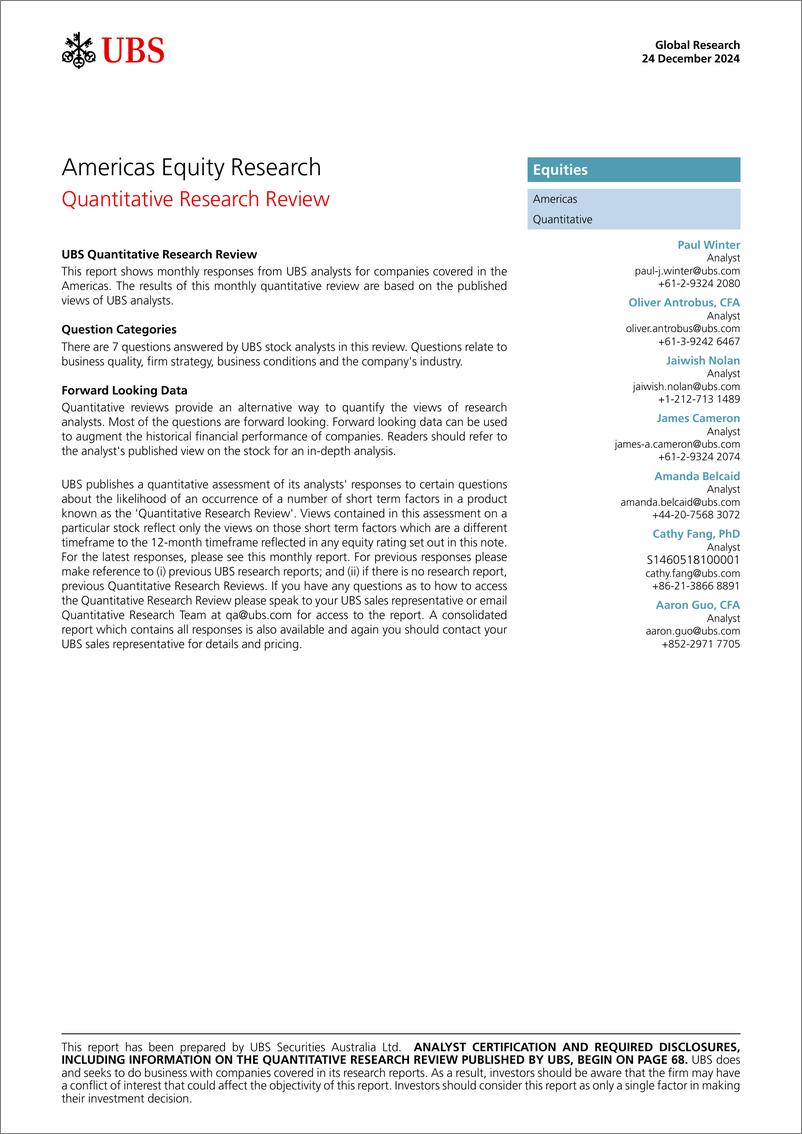 《UBS Equities-Americas Equity Research _Quantitative Research Review_ Wint...-112356707》 - 第1页预览图