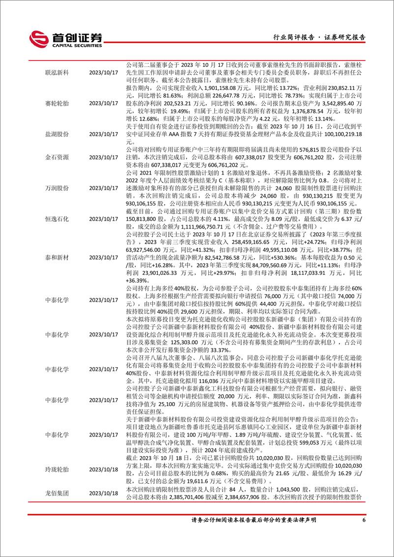 《基础化工行业简评报告：合成氨、液氯涨幅居前，玲珑轮胎前三季度利润同比高增-20231023-首创证券-19页》 - 第8页预览图