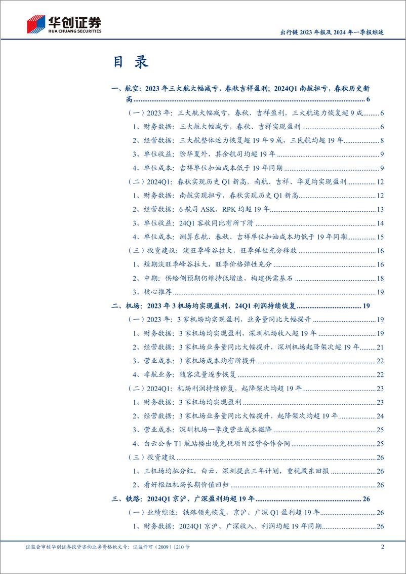 《航空机场行业出行链2023年报及2024年一季报综述：大航大幅减亏，春秋创历史Q1新高；铁路领先恢复，京沪广深Q1盈利均超19年同期-240506-华创证券-31页》 - 第2页预览图