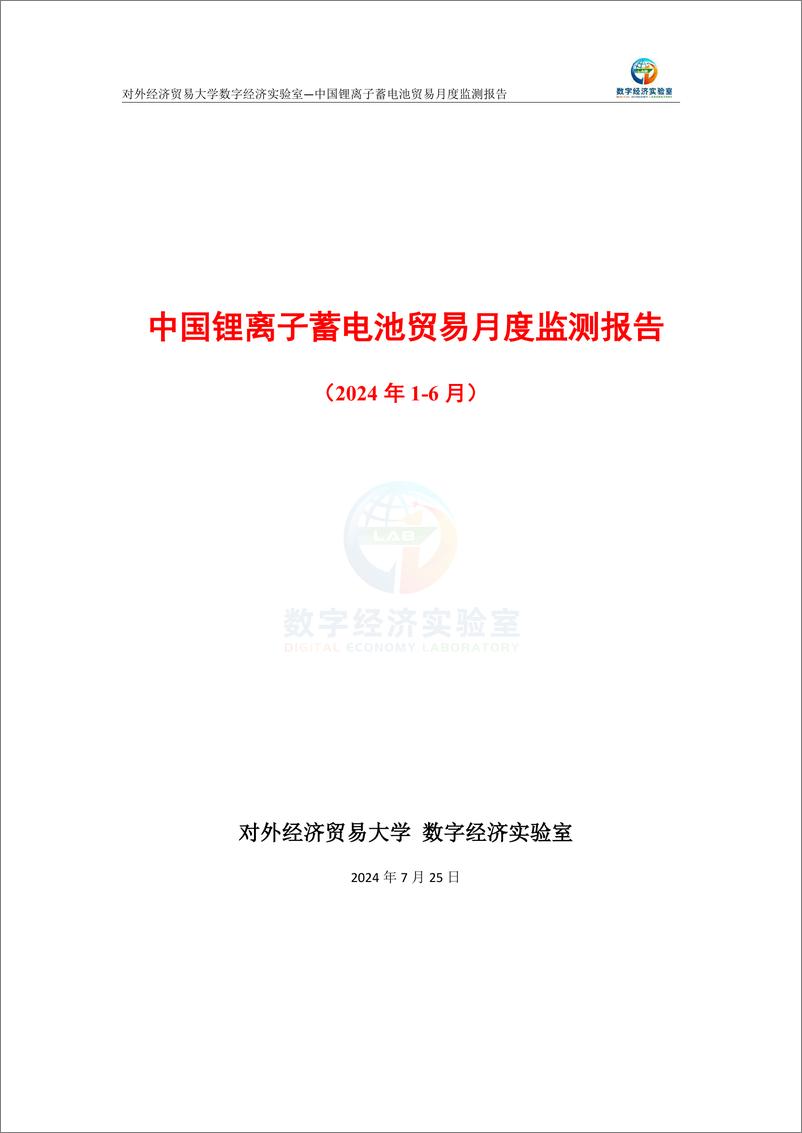 《对外经济贸易大学_中国锂离子蓄电池贸易月度监测报告_2024年1-6月_》 - 第1页预览图