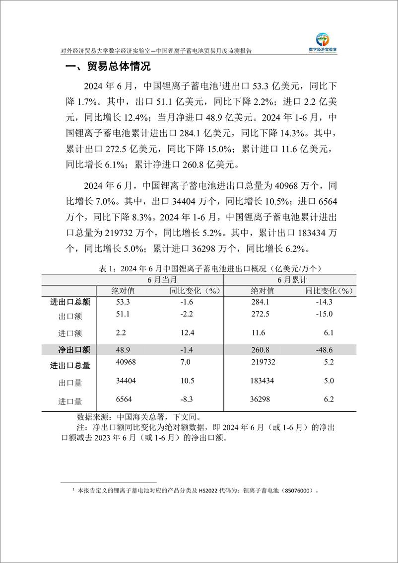 《对外经济贸易大学_中国锂离子蓄电池贸易月度监测报告_2024年1-6月_》 - 第2页预览图