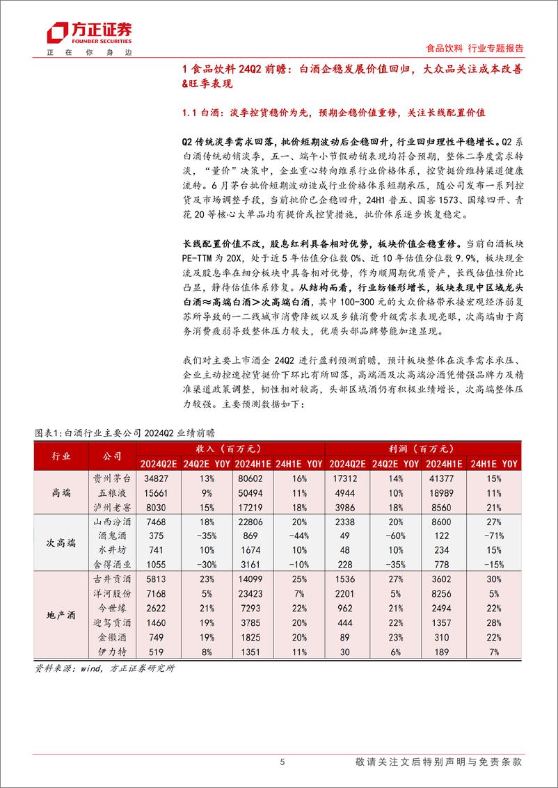 《食品饮料行业24Q2前瞻：白酒企稳发展价值回归，大众品关注成本改善%26旺季表现-240710-方正证券-19页》 - 第5页预览图