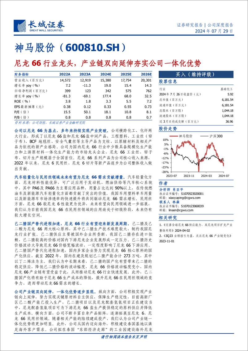 《神马股份(600810)尼龙66行业龙头，产业链双向延伸夯实公司一体化优势-240729-长城证券-22页》 - 第1页预览图