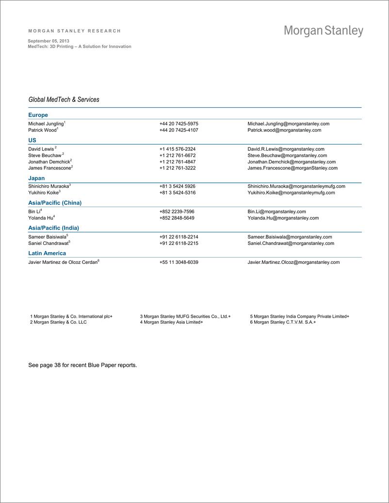 《（43 pages 2014）MORGAN STANLEY BLUE PAPER-MEDTECH： 3D PRINTING - A SOLUTION FOR INNOVATION》 - 第2页预览图