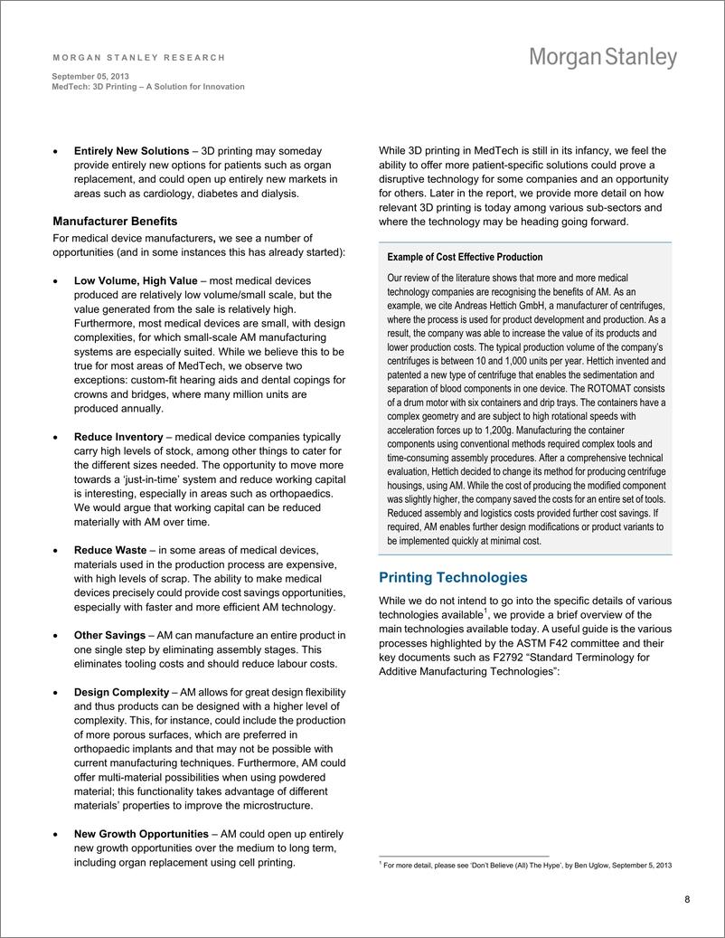 《（43 pages 2014）MORGAN STANLEY BLUE PAPER-MEDTECH： 3D PRINTING - A SOLUTION FOR INNOVATION》 - 第8页预览图