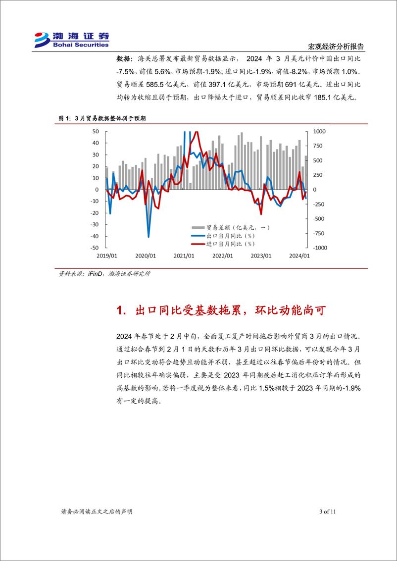 《2024年3月进出口数据点评：进出口当前弱于预期，二季度不必悲观-240416-渤海证券-11页》 - 第3页预览图