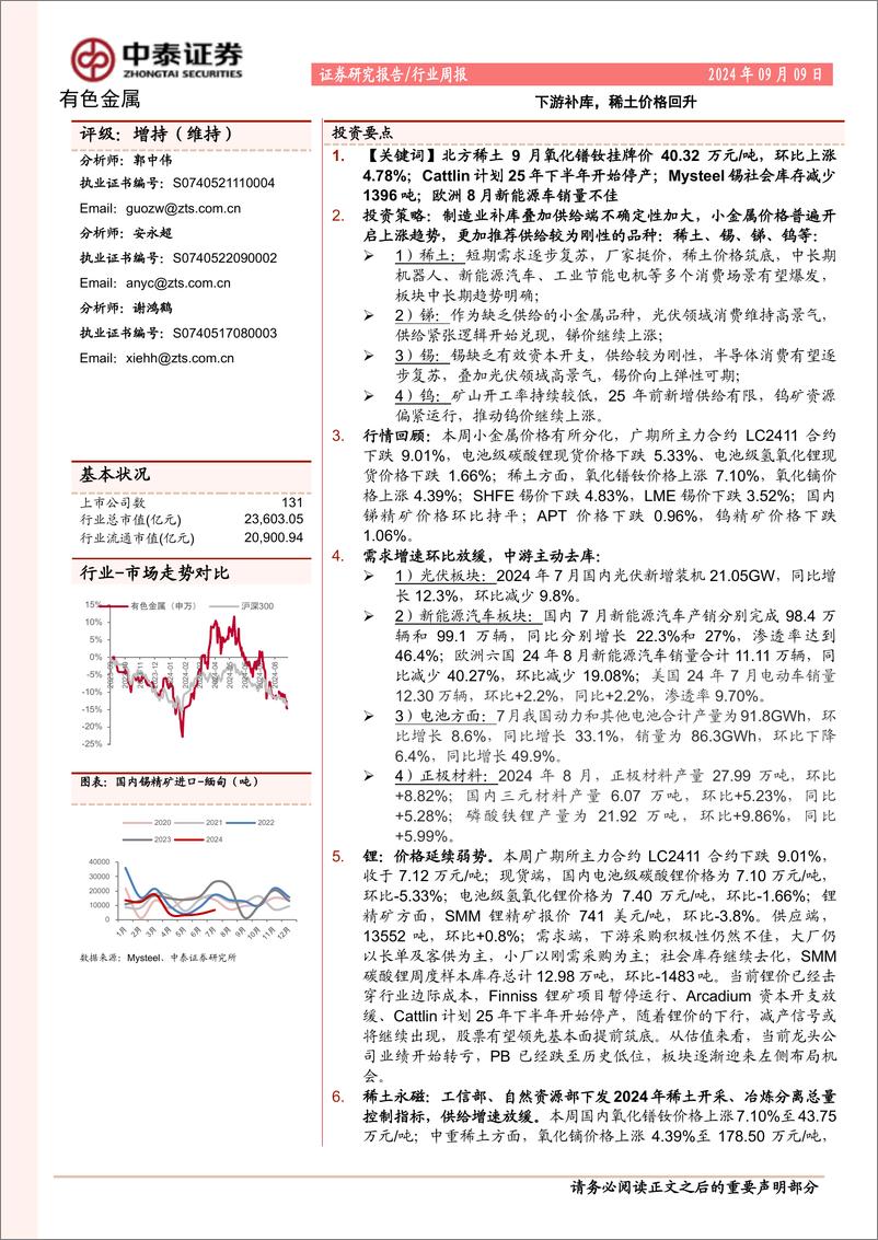 《有色金属行业周报：下游补库，稀土价格回升-240909-中泰证券-23页》 - 第1页预览图