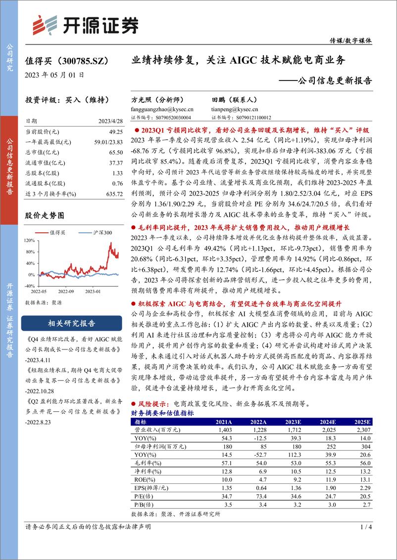 《20230501-开源证券-值得买-300785-公司信息更新报告：业绩持续修复，关注AIGC技术赋能电商业务》 - 第1页预览图