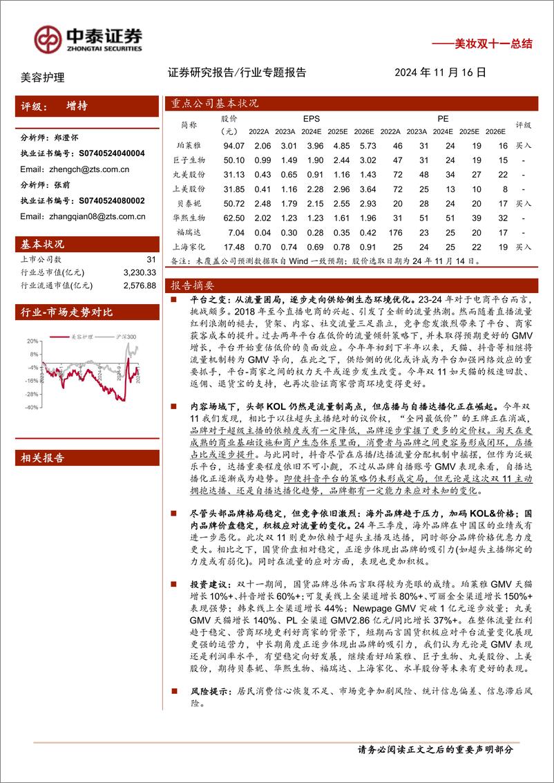 《美容护理行业美妆双十一总结：平台之争，品牌之争，谁主沉浮-241116-中泰证券-10页》 - 第1页预览图