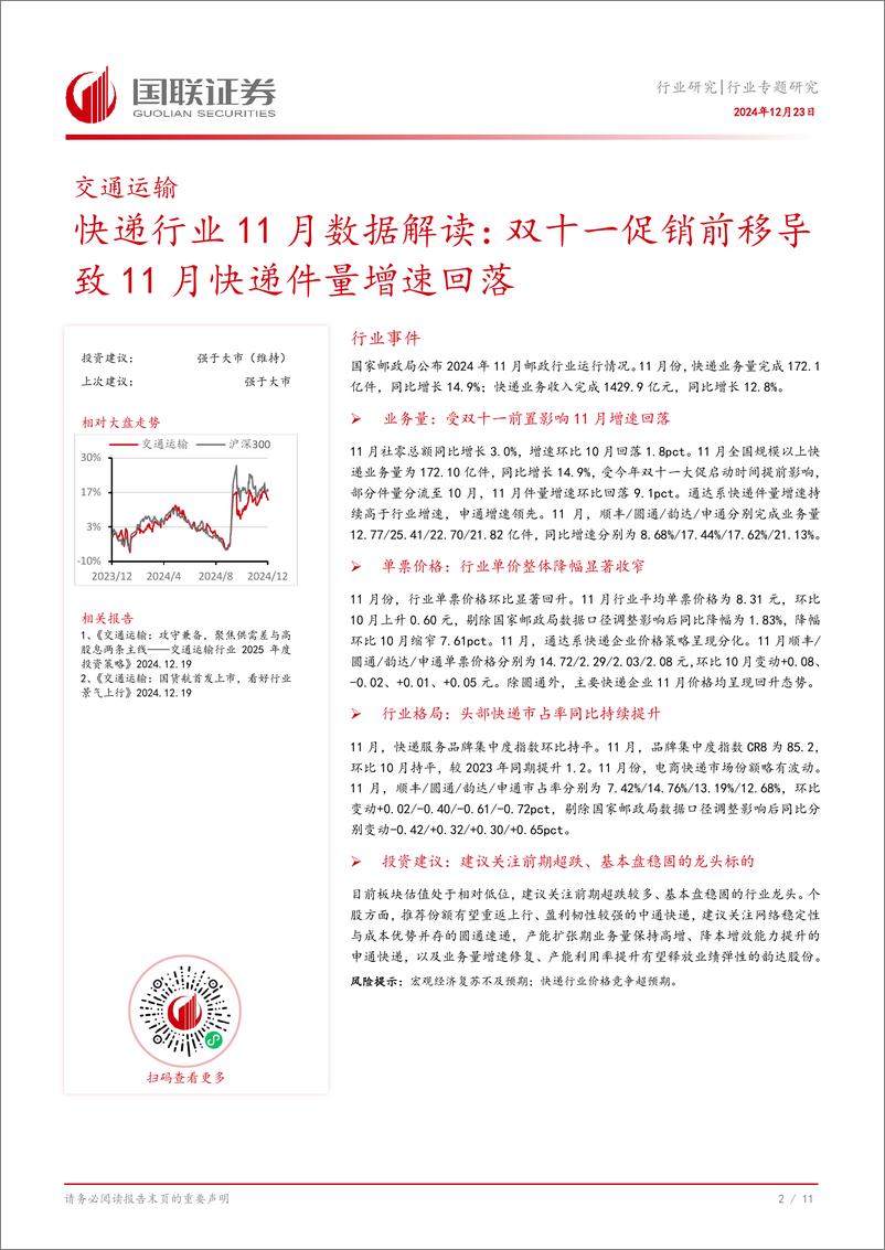 《快递行业11月数据解读：双十一促销前移导致11月快递件量增速回落-241223-国联证券-12页》 - 第3页预览图