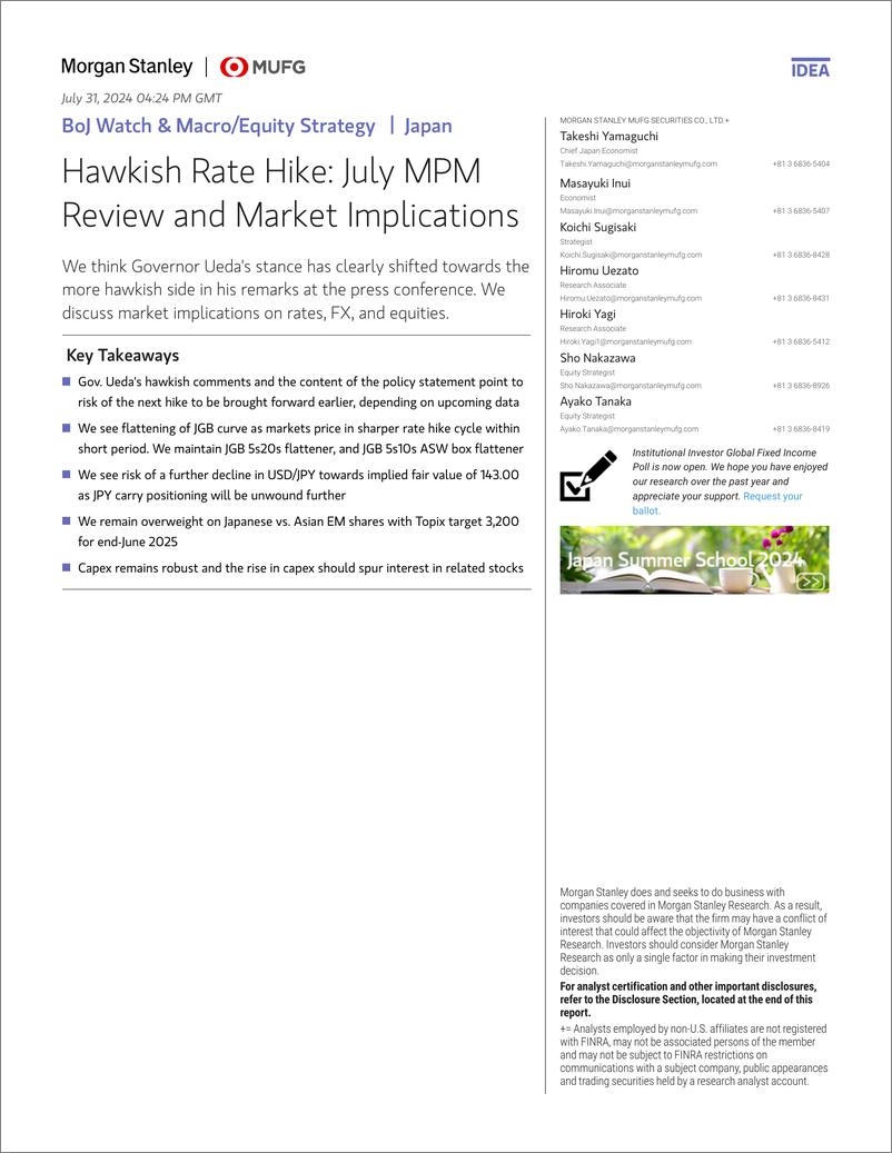 《Morgan Stanley Fixed-BoJ Watch  MacroEquity Strategy Hawkish Rate Hike July M...-109556471》 - 第1页预览图