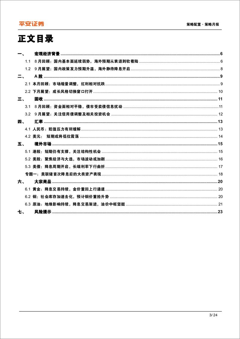 《多元资产月报(2024年9月)：海外降息即将开启，国内政策空间打开-240905-平安证券-24页》 - 第3页预览图