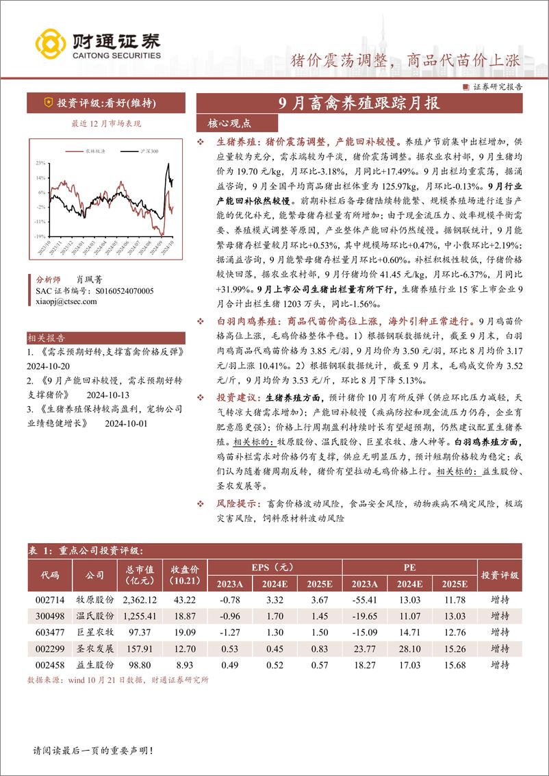 《农林牧渔行业9月畜禽养殖跟踪月报：猪价震荡调整，商品代苗价上涨-241021-财通证券-11页》 - 第1页预览图