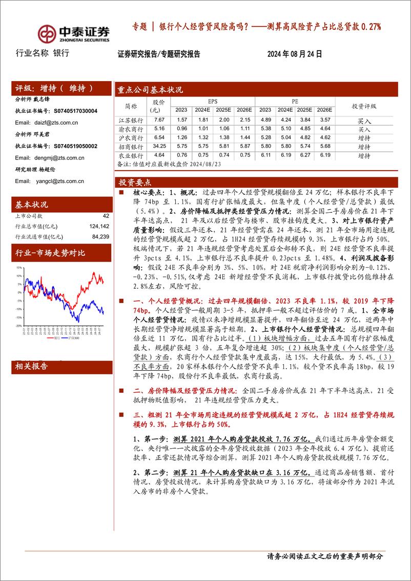 《银行业专题｜银行个人经营贷风险高吗？——测算高风险资产占比总贷款0.27%25-240824-中泰证券-23页》 - 第1页预览图