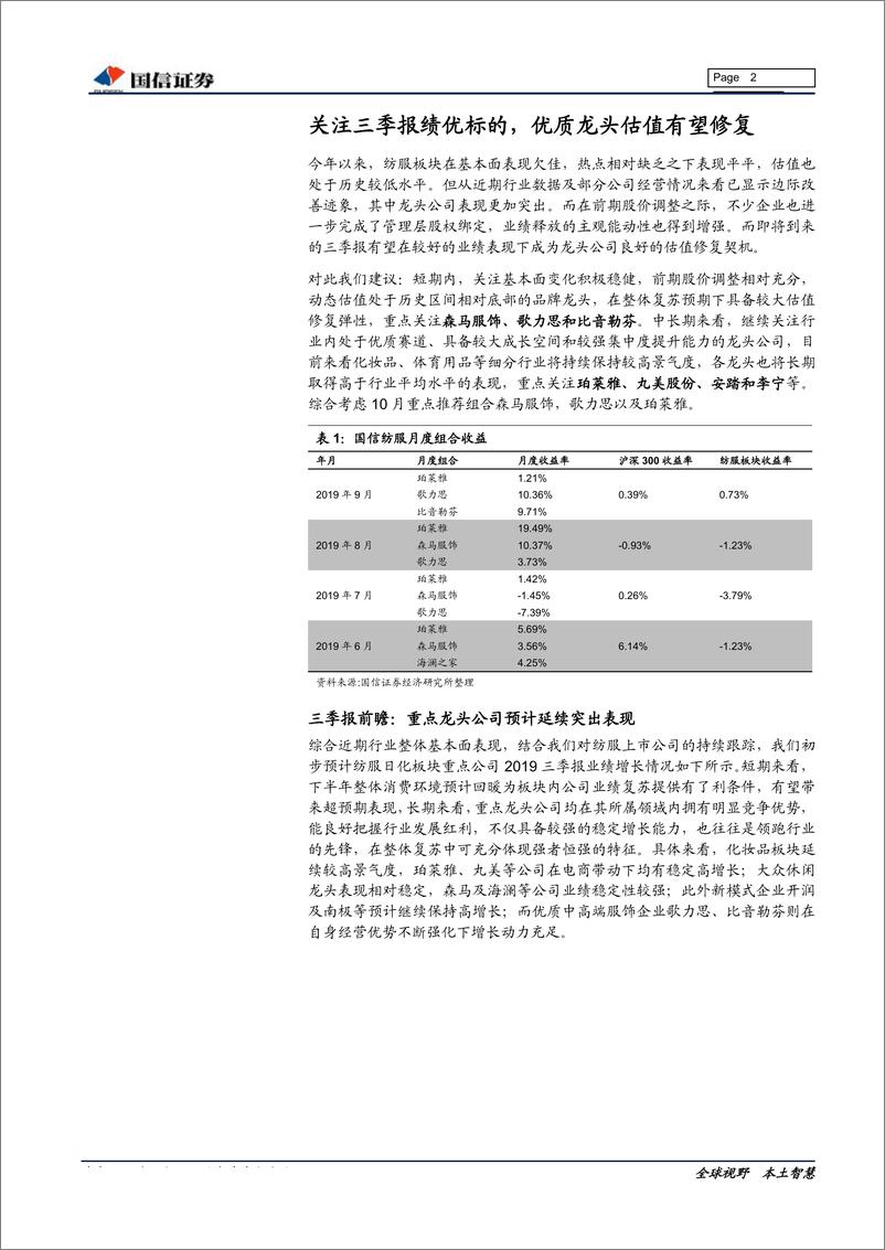 《纺织服装及日化行业深度报告：10月投资策略暨三季报前瞻，关注三季报绩优龙头，把握估值修复机会-20191014-国信证券-12页》 - 第3页预览图