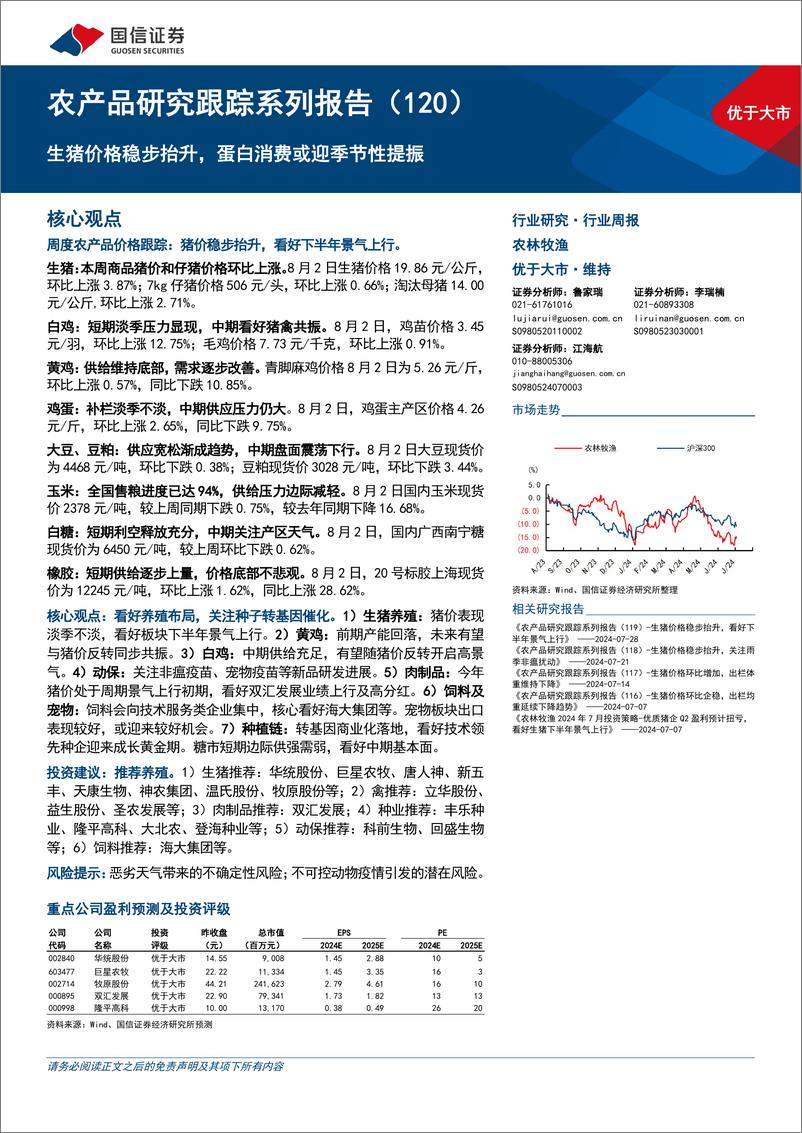 《农产品研究跟踪系列报告(120)：生猪价格稳步抬升，蛋白消费或迎季节性提振-240804-国信证券-26页》 - 第1页预览图