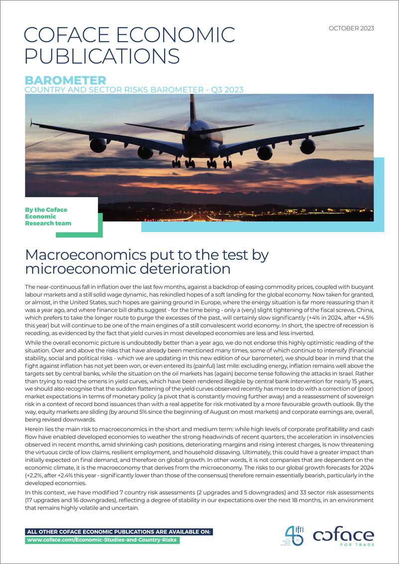 《Coface科法斯：2023年第三季度国家和部门风险晴雨表：微观经济恶化考验宏观经济（英文版）》 - 第1页预览图