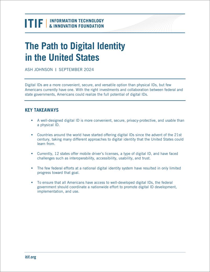 《ITIF-美国数字身份之路（英）-2024.9-18页》 - 第1页预览图