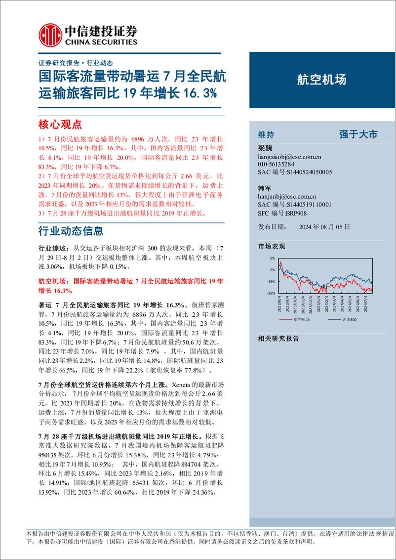 《航空机场行业动态：国际客流量带动暑运7月全民航运输旅客同比19年增长16.3%25-240805-中信建投-23页》 - 第1页预览图