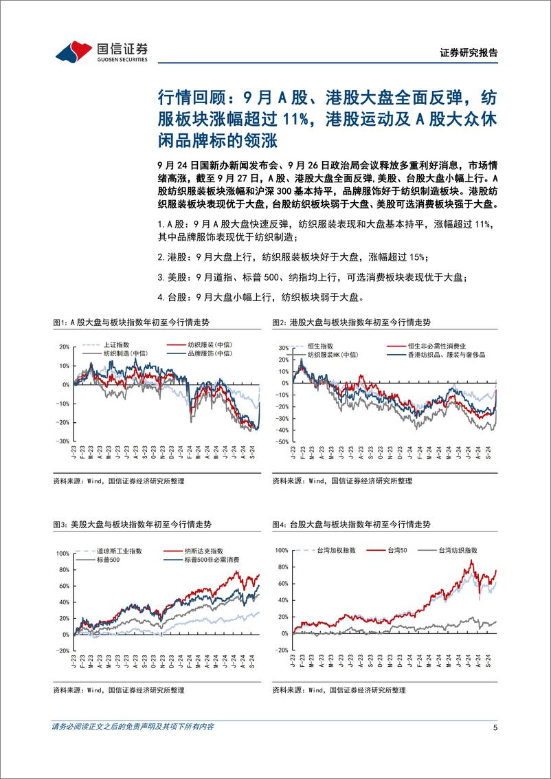 《纺织服装行业10月投资策略暨三季度业绩前瞻：运动及大众休闲标的领涨，窗口期关注业绩稳健低估值标的-240930-国信证券-23页》 - 第5页预览图