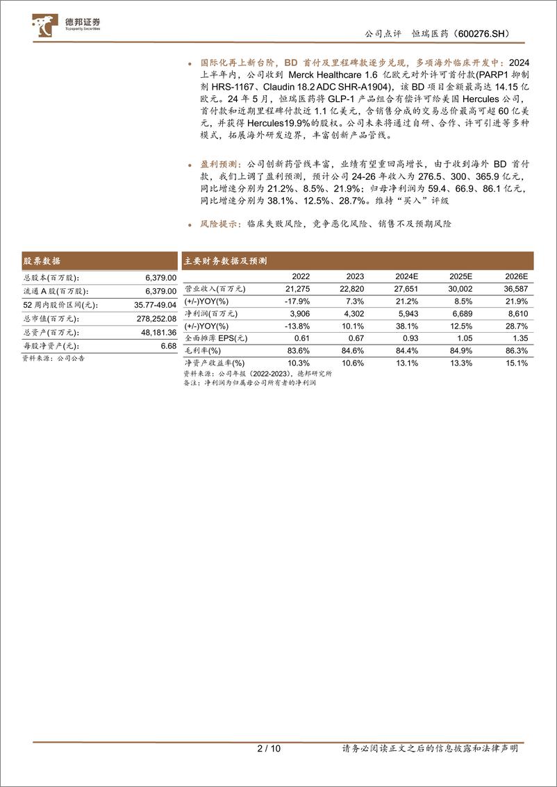 《恒瑞医药(600276)创新药收入高增，出海成为第二引擎-240825-德邦证券-10页》 - 第2页预览图