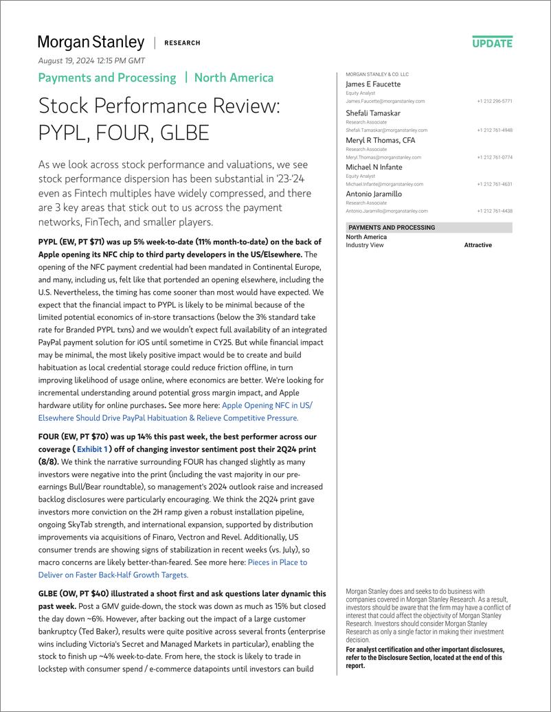 《Morgan Stanley-Payments and Processing Stock Performance Review PYPL, FOU...-109921537》 - 第1页预览图