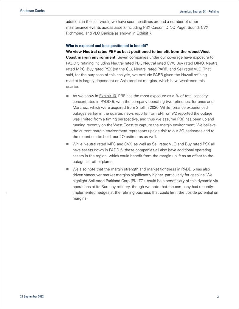 《Americas Energ Oil - Refinin Outages and tight inventories supportive of PADD 5 margins; PBF most positively exposed(1)》 - 第3页预览图