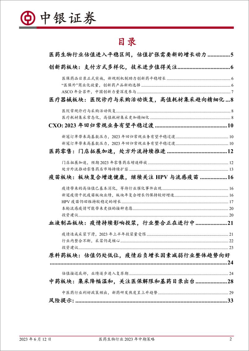 《医药生物行业2023年中期策略：医药生物行业估值进入平稳区间，新周期扩张需要新的增长动力-20230612-中银国际-35页》 - 第3页预览图