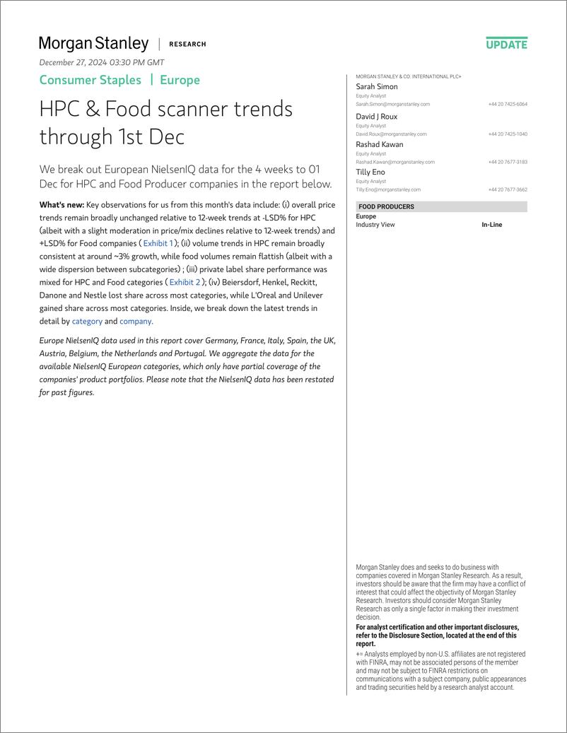 《2024-12-27-Morgan Stanley-Consumer Staples HPC  Food scanner trends through 1st Dec-112461932》 - 第1页预览图