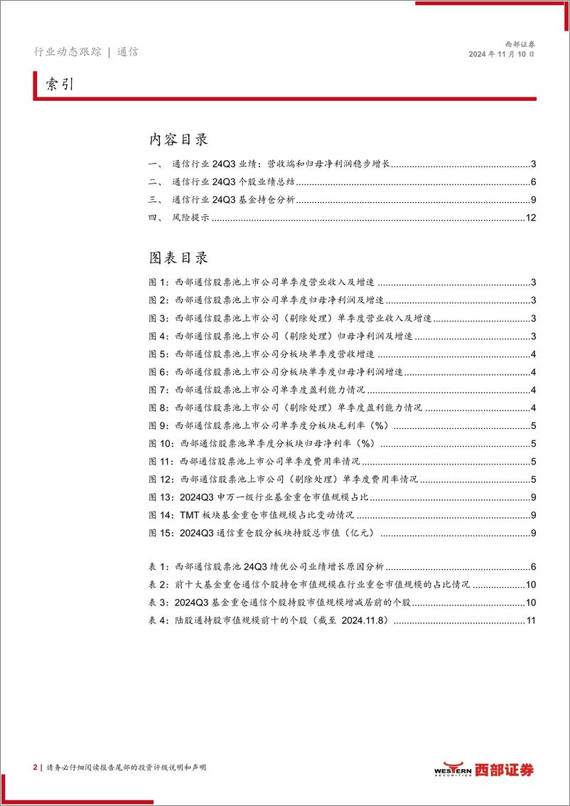 《通信行业24Q3财报总结暨基金持仓分析：持续聚焦AI新动能和出海优质股-241110-西部证券-13页》 - 第2页预览图