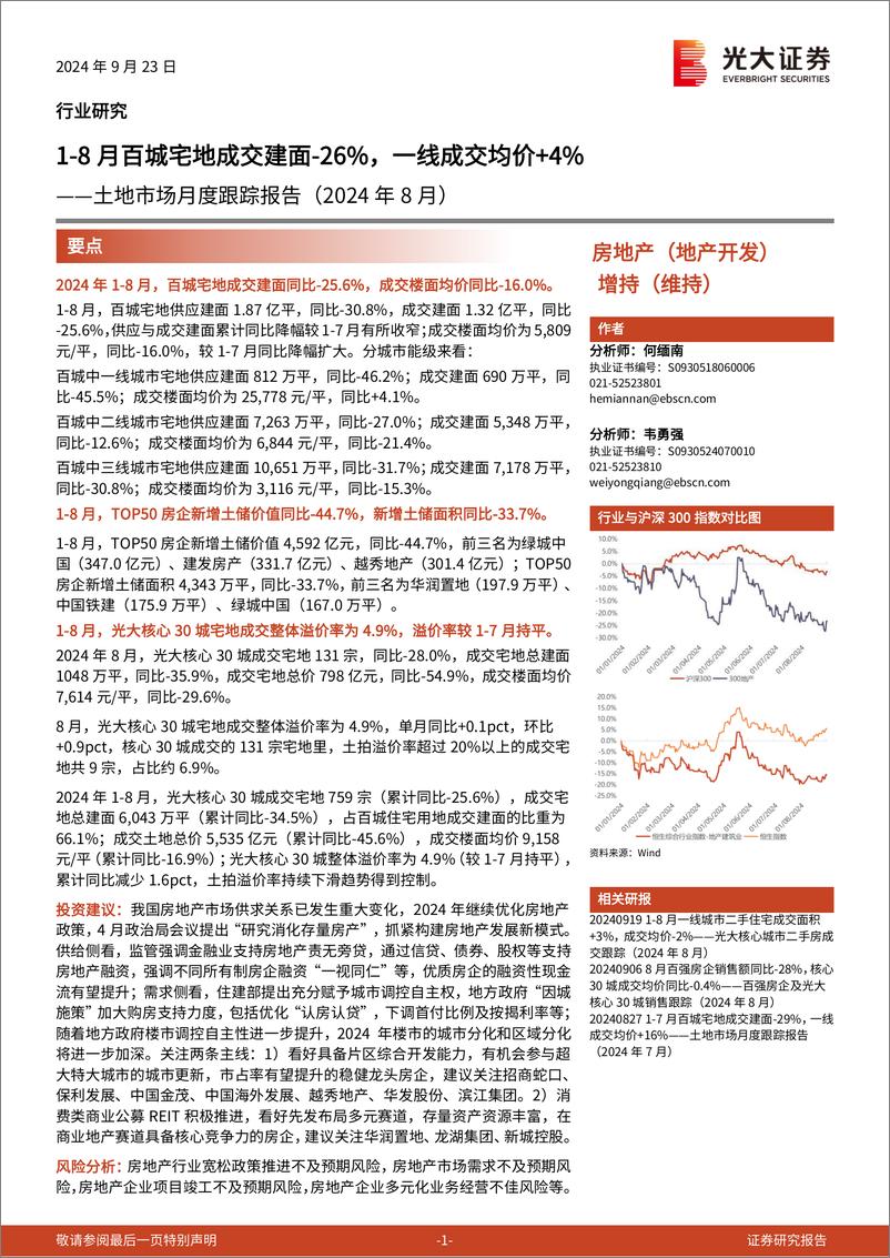 《房地产行业土地市场月度跟踪报告(2024年8月)：1-8月百城宅地成交建面-26%25，一线成交均价%2b4%25＋-240923-光大证券-15页》 - 第1页预览图