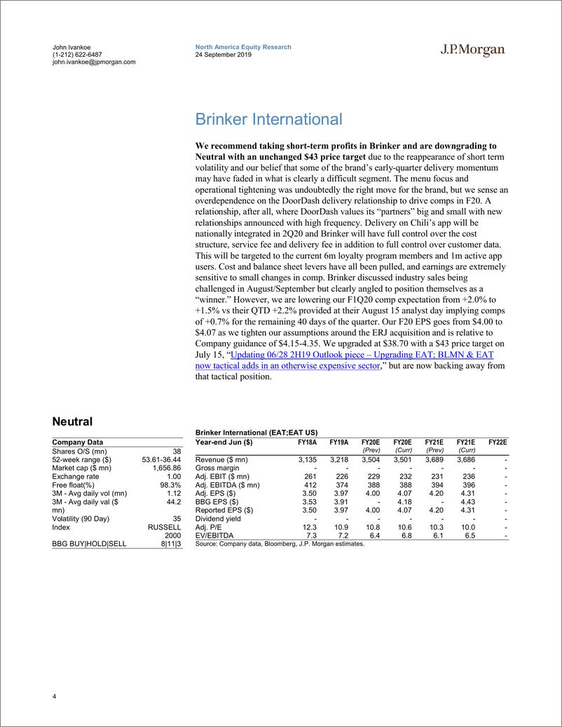 《J.P. 摩根-美股-餐饮行业-将Brinker(EAT)评级从增持下调为中性-2019.9.24-29页》 - 第5页预览图