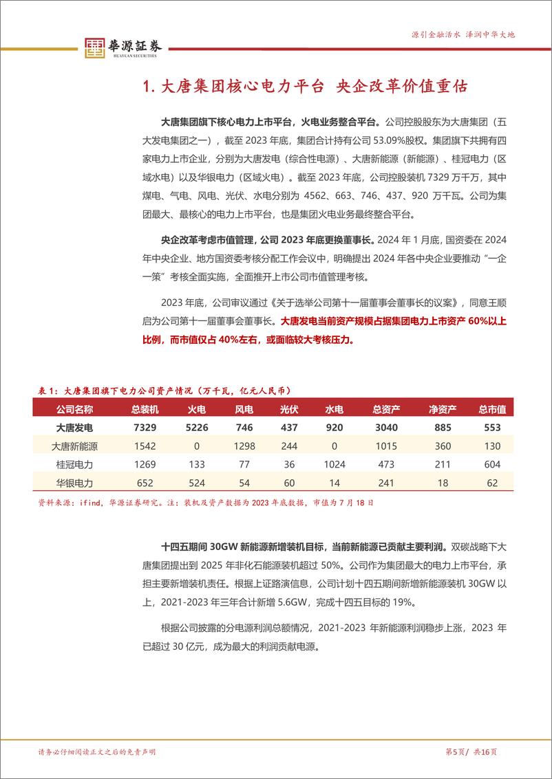 《大唐发电(601991)大唐集团核心电力平台，电改国改价值重估-240719-华源证券-16页》 - 第5页预览图