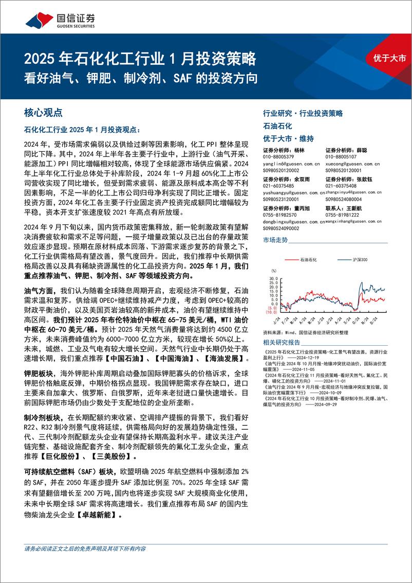 《2025年石化化工行业1月投资策略：看好油气、钾肥、制冷剂、SAF的投资方向-241226-国信证券-41页》 - 第1页预览图