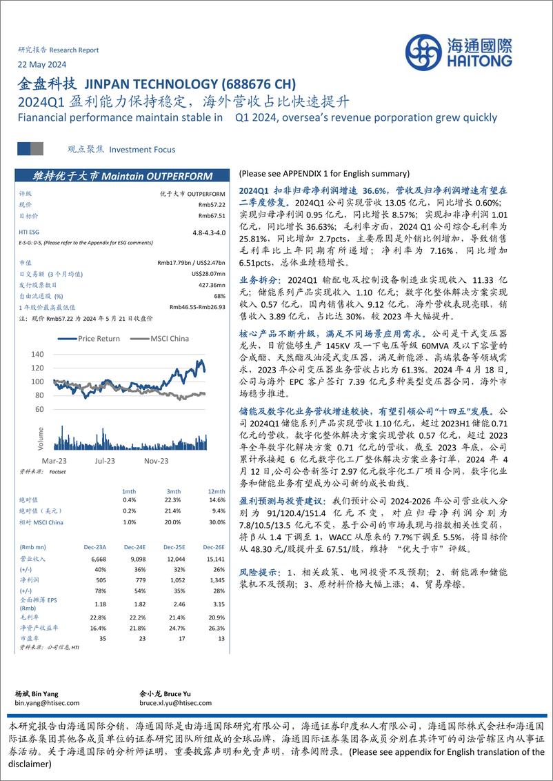 《金盘科技-688676.SH-2024Q1盈利能力保持稳定，海外营收占比快速提升-20240522-海通国际-12页》 - 第1页预览图