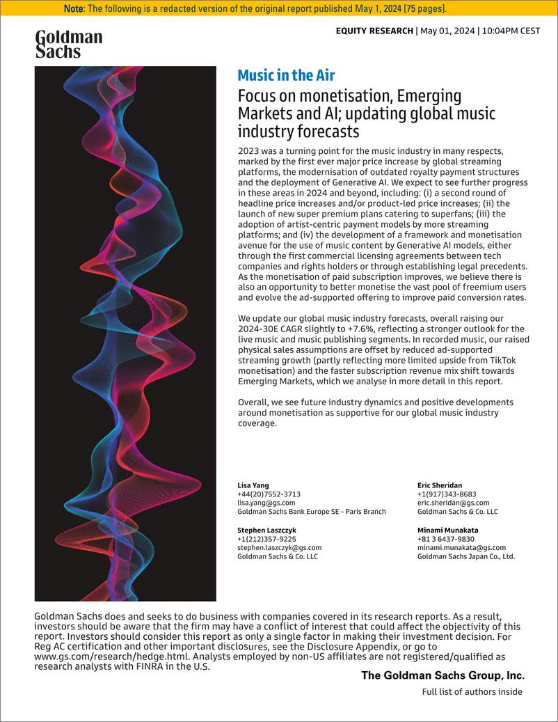 《（英文）全球音乐产业研究 ： 关注货币化、新兴市场和人工智能 ；更新全球音乐行业预测-高盛》 - 第1页预览图