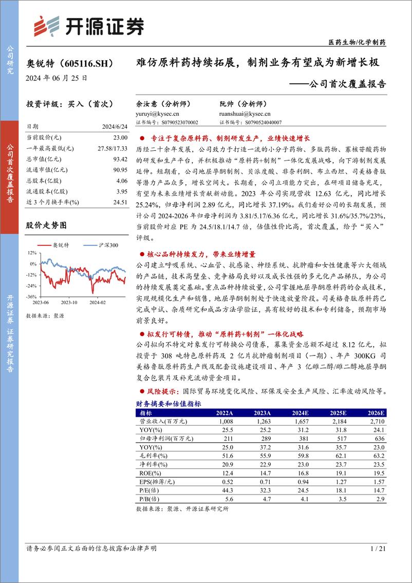 《奥锐特(605116)公司首次覆盖报告：难仿原料药持续拓展，制剂业务有望成为新增长极-240625-开源证券-21页》 - 第1页预览图